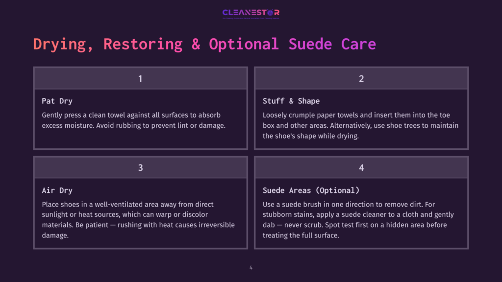 Four Steps For Drying, Restoring, And Cleaning Suede Shoes: Pat Dry, Stuff &Amp; Shape, Air Dry, And Suede Areas (Optional). Instructions Are Presented In Purple Boxes With White Text.