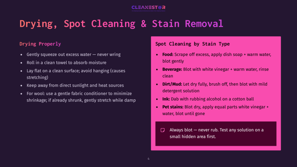 Drying And Spot Cleaning Tips For Fabrics, With Sections On &Quot;Drying Properly&Quot; And &Quot;Spot Cleaning By Stain Type&Quot; Including Food, Beverage, Dirt/Mud, And Ink Stains. The Text &Quot;Cleanestor&Quot; Is Visible At The Top.