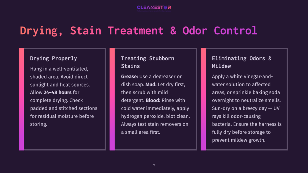 Image Displays A Presentation Slide Titled &Quot;Drying, Stain Treatment &Amp; Odor Control&Quot; With Three Columns: &Quot;Drying Properly&Quot;, &Quot;Treating Stubborn Stains&Quot;, And &Quot;Eliminating Odors &Amp; Mildew&Quot;.