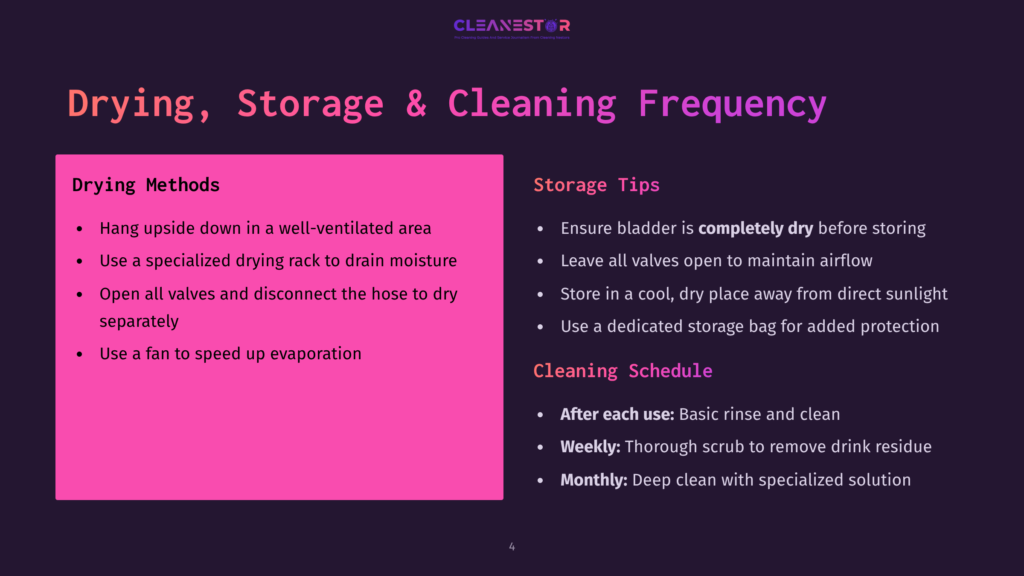 4 Drying Storage And Cleaning Frequency Presentation Slide With Purple Background Titled &Quot;Drying, Storage &Amp; Cleaning Frequency.&Quot; Left Side Lists &Quot;Drying Methods&Quot; In Pink With Bullet Points. Right Side Lists &Quot;Storage Tips&Quot; And &Quot;Cleaning Schedule&Quot; In White With Bullet Points.