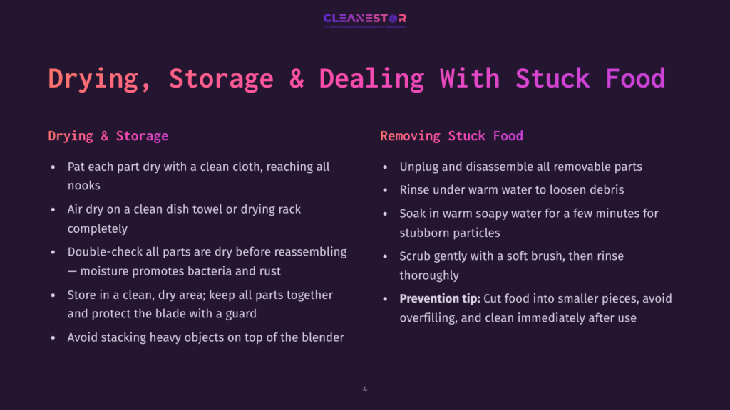 Presentation Slide Titled &Quot;Drying, Storage &Amp; Dealing With Stuck Food&Quot; From Cleanestor, Detailing Steps For Drying, Storage, And Removing Stuck Food From Blenders.