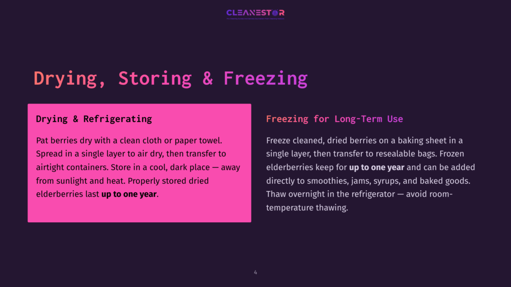 Slide 4: Drying, Storing &Amp; Freezing Elderberries. Text Details How To Dry, Refrigerate, And Freeze Elderberries For Long-Term Storage, With Refrigeration And Freezing Tips.