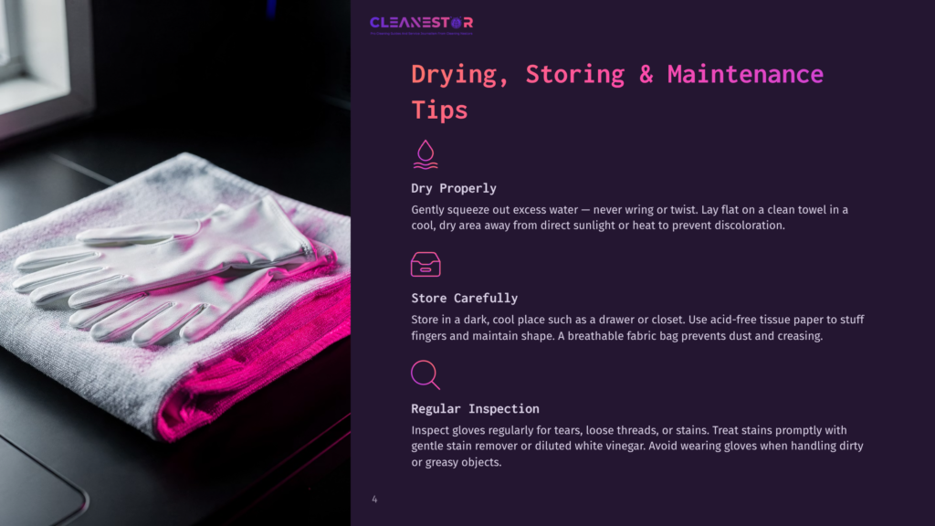 Pair Of Latex Gloves On A Purple Background With A Window, Offering Tips For Drying, Storing, And Maintaining Gloves, Including Not Wringing Or Twisting Them, Storing Them In A Cool, Dry Place, And Inspecting Them Regularly For Damage.