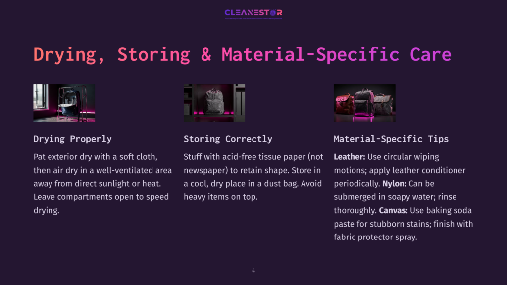 Three Sections On Drying, Storing, And Material-Specific Care For Bags. The First Shows A Bag Drying On A Rack, The Second Shows A Bag Being Stored With Stuffing, And The Third Shows Three Bags With Care Tips For Leather And Canvas.