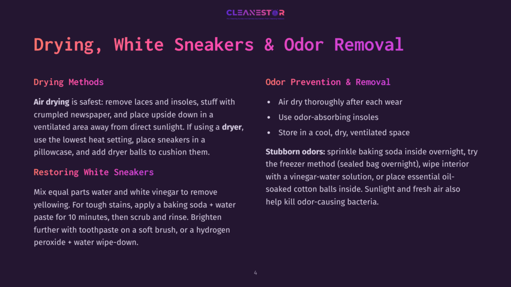 Drying, White Sneakers &Amp; Odor Removal Text On A Dark Background With Text Detailing Methods For Drying And Removing Odors From White Sneakers, Including Air Drying And Using Baking Soda.