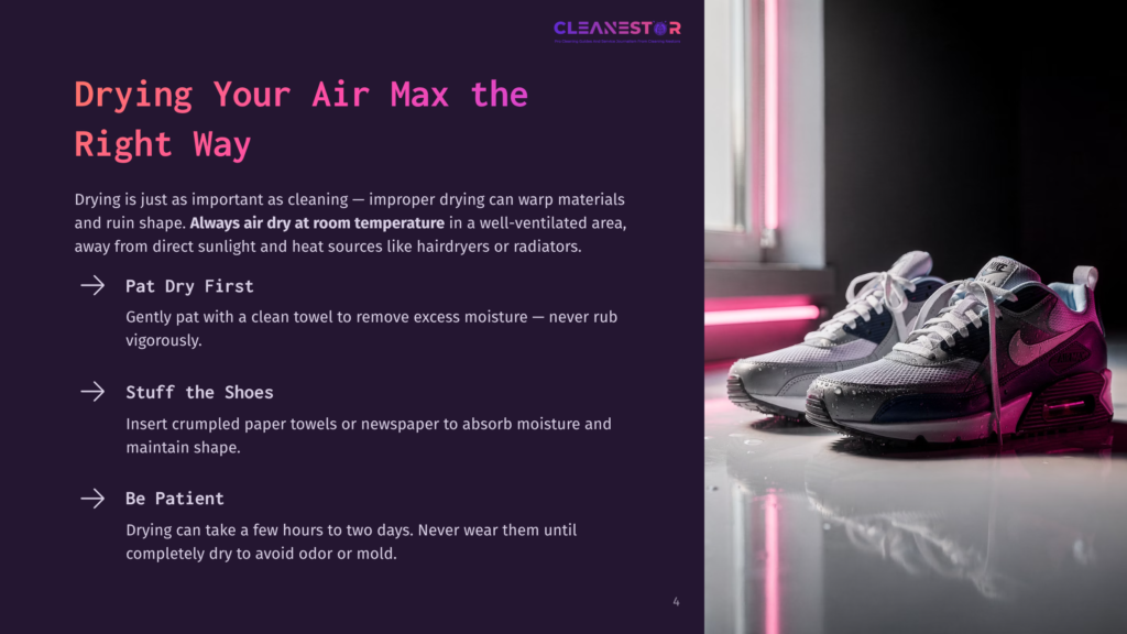 Two Pairs Of Nike Air Max Sneakers, One Grey And White, The Other Black And White, Sit On A Reflective Surface, With Neon Pink And Blue Lights In The Background. Text On The Left Reads &Quot;Drying Your Air Max Right Way&Quot;.