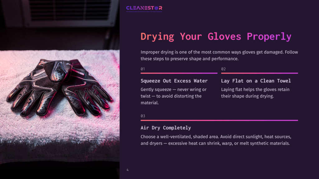 Black Motorcycle Gloves Drying On A White Towel. The Image Is Part Of A &Quot;Cleanestor&Quot; Graphic With Text About Drying Gloves Properly.