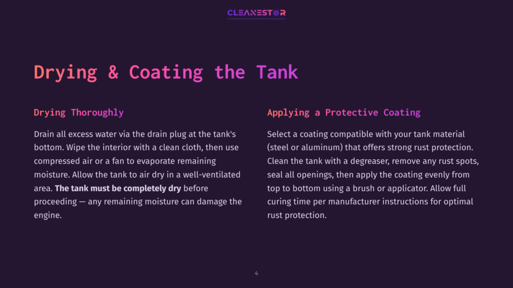 Diagram Showing How To Dry And Apply A Protective Coating To A Tank. Text Details Drying Thoroughly And Applying A Protective Coating With Cleanestor Branding.