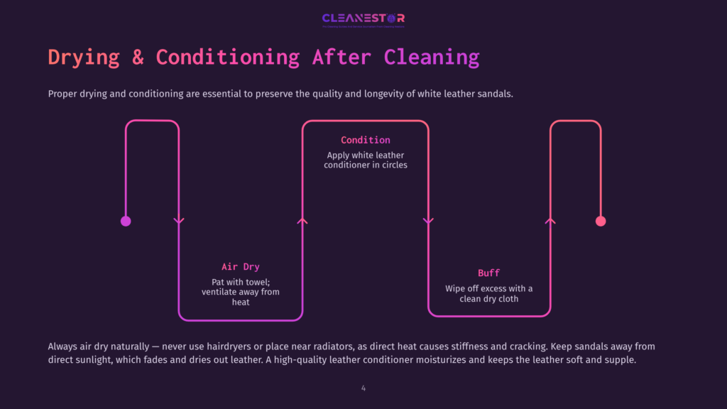 A Step-By-Step Guide On A Dark Background On Drying And Conditioning White Leather Sandals. It Shows Air Drying, Conditioning With Leather Conditioner, And Buffing With A Clean Cloth.