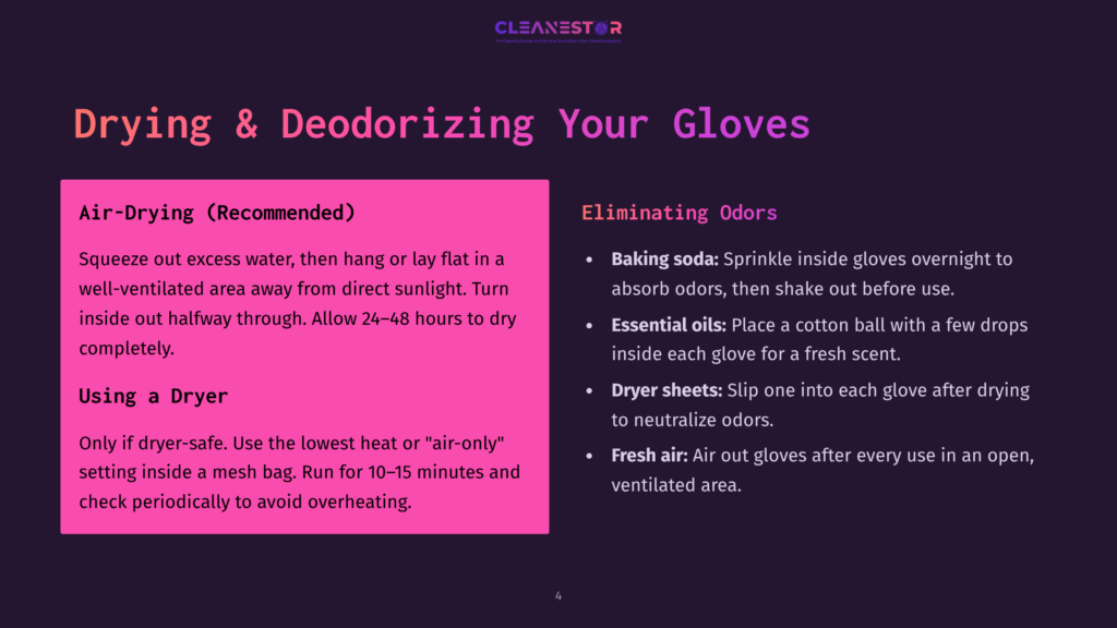 Purple Slide With Text About Drying And Deodorizing Gloves. Sections Include &Quot;Air-Drying (Recommended)&Quot; With Instructions, &Quot;Using A Dryer&Quot; With Dryer Instructions, And &Quot;Eliminating Odors&Quot; With Methods Like Baking Soda, Essential Oils, Dryer Sheets, And Fresh Air.