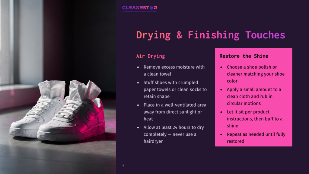 Two White Nike Air Force 1 Sneakers Are Drying With Crumpled Paper Towels Stuffed Inside, Set Against A Dark Background. Text On The Right Reads &Quot;Drying &Amp; Finishing Touches&Quot; And &Quot;Restore The Shine&Quot;.