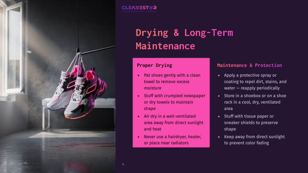 Two Pairs Of Athletic Shoes, One White With Pink Accents And The Other Black With Neon Accents, Hang Drying From A Rack In A Sunlit Room. The Image Includes The Text &Quot;Cleanestor&Quot; And &Quot;Drying &Amp; Long-Term Maintenance&Quot;.