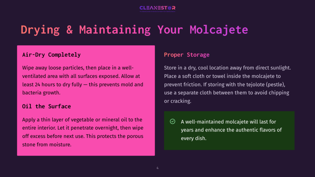 Drying &Amp; Maintaining Your Molcajete: Infographic Detailing Air-Drying Steps And Proper Storage For Molcajetes To Prevent Mold And Cracking.