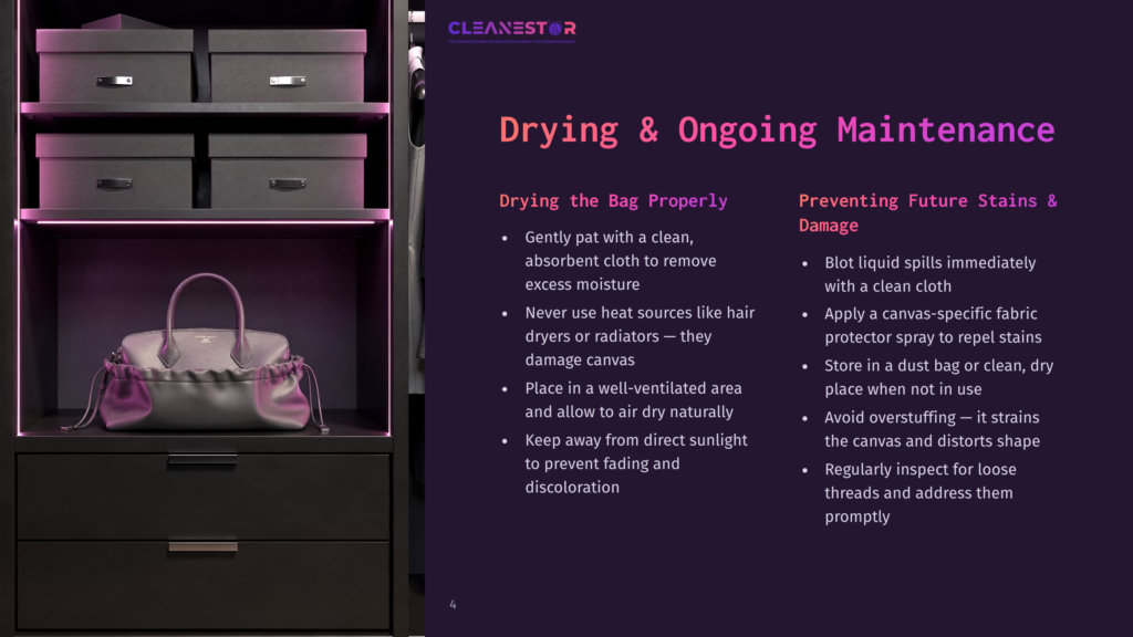 A Modern Closet With Organized Shelves And Drawers, Featuring A Designer Handbag And Subtle Pink Led Lighting. Text Overlay Reads &Quot;Cleanestor&Quot; And &Quot;Drying &Amp; Ongoing Maintenance&Quot;.