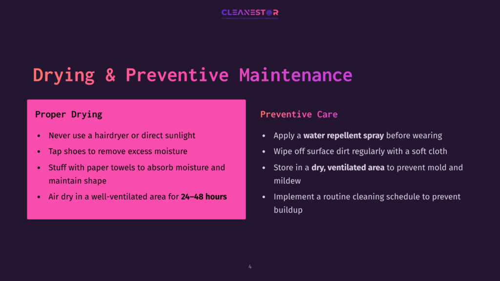 Slide Titled &Quot;Drying &Amp; Preventive Maintenance&Quot; With Bullet Points On Proper Drying (No Hairdryers, Air Dry In Well-Ventilated Area For 24-48 Hours) And Preventive Care (Water Repellent Spray, Dry-Ventilated Area, Routine Cleaning Schedule).