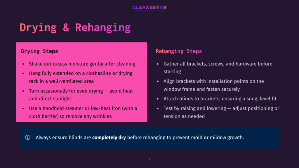 4 Drying And Rehanging An Infographic Titled &Quot;Drying &Amp; Rehanging&Quot; Shows Two Sections, &Quot;Drying Steps&Quot; And &Quot;Rehanging Steps.&Quot; It Includes Steps Like Shaking Out Excess Moisture, Hanging Fully Extended On A Clothesline, And Ensuring Blinds Are Completely Dry Before Rehanging To Prevent Mold.