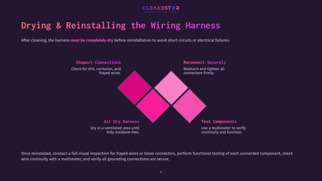 Diagram Illustrating The Process Of Drying And Reinstalling A Wiring Harness. Steps Include Inspect Connections, Air Dry Harness, Reconnect Securely, And Test Components, With A Colorful Diamond-Shaped Graphic In The Center.