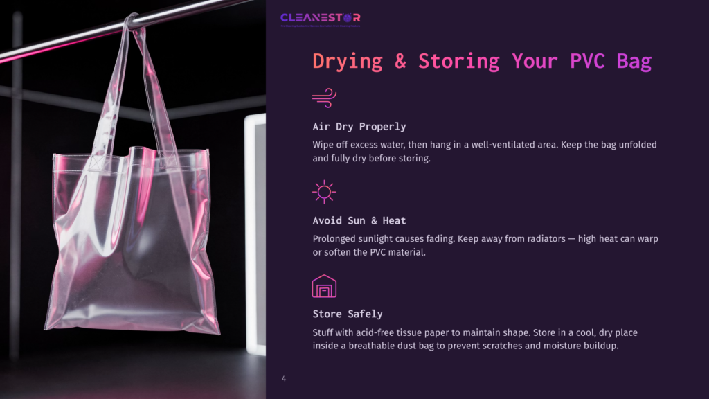 A Clear Pvc Tote Bag Hangs From A Metal Rod, With The Text &Quot;Cleanestor Drying &Amp; Storing Your Pvc Bag&Quot; Visible On A Dark Background. Instructions For Drying And Storing Pvc Bags Are Also Displayed.