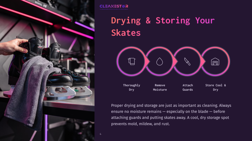 4 Drying And Storing Your Skates A Pair Of Ice Skates Are Being Dried With A Towel, Placed On A Table With A Purple Background. Text On The Image Reads &Quot;Drying &Amp; Storing Your Skates&Quot; And Offers Steps To Properly Dry And Store Ice Skates, Preventing Mold And Rust.
