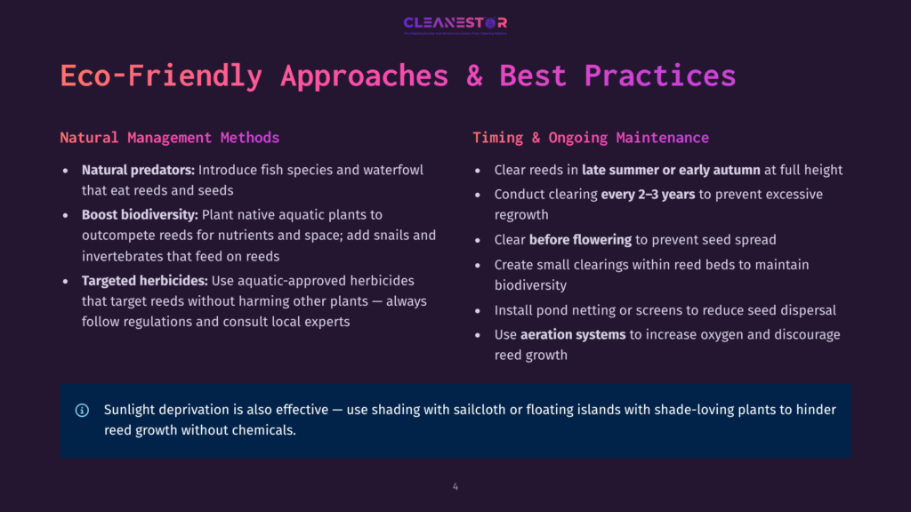 A Poster With The Title &Quot;Eco-Friendly Approaches &Amp; Best Practices&Quot; Shows Two Columns Of Text. The Left Column Discusses &Quot;Natural Management Methods&Quot; Like Using Natural Predators, Boosting Biodiversity, And Targeted Herbicides. The Right Column, Titled &Quot;Timing &Amp; Ongoing Maintenance,&Quot; Explains Practices Such As Clearing Reeds In Late Summer Or Early Autumn, Conducting Clearing Every 2-3 Years, And Using Aeration Systems To Promote Healthy Growth.