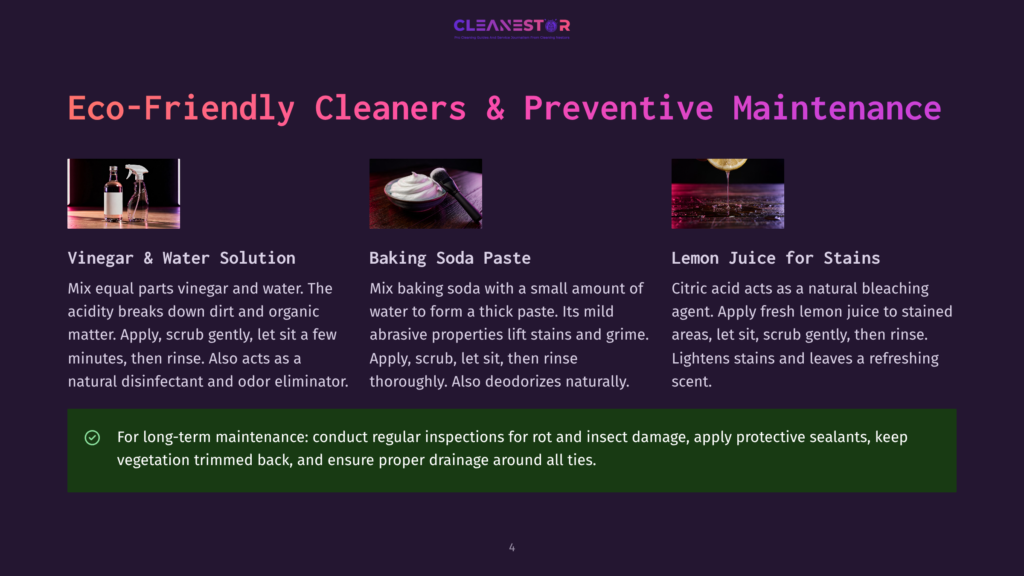 A Purple-Themed Webpage Titled &Quot;Eco-Friendly Cleaners &Amp; Preventive Maintenance&Quot; Displays Three Eco-Friendly Cleaning Solutions: Vinegar &Amp; Water Solution, Baking Soda Paste, And Lemon Juice For Stains. Each Solution Is Accompanied By A Relevant Icon And A Brief Description.