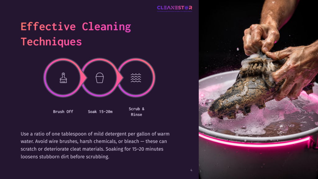 Effective Cleaning Techniques: A Person'S Hands Scrub A Muddy Soccer Cleat In A Bucket Of Soapy Water, With Icons Illustrating Brush Off, Soak 15-20M, And Scrub &Amp; Rinse.