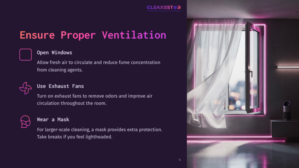 4 Ensure Proper Ventilation A Modern Room With Sheer White Curtains Blowing In The Wind From An Open Window, Framed By Vibrant Pink Neon Lights. Text Overlays Provide Cleaning Safety Tips: &Quot;Ensure Proper Ventilation,&Quot; &Quot;Open Windows,&Quot; &Quot;Use Exhaust Fans,&Quot; And &Quot;Wear A Mask.