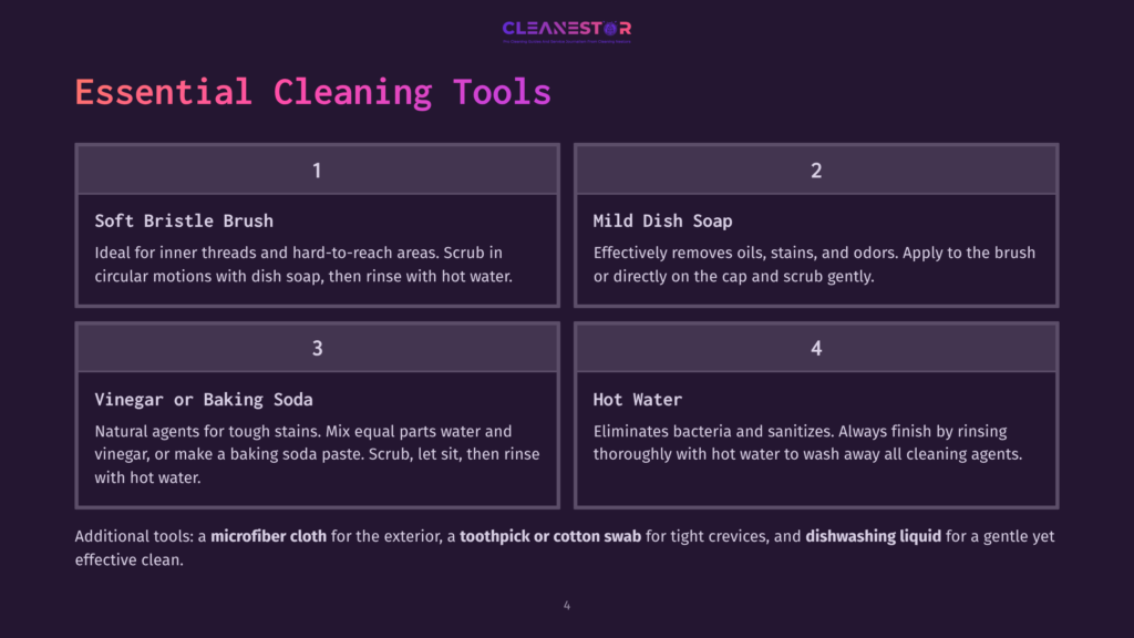 Infographic Titled &Quot;Essential Cleaning Tools&Quot; With Four Sections: Soft Bristle Brush, Mild Dish Soap, Vinegar Or Baking Soda, And Hot Water. Additional Tools Listed Are Microfiber Cloth, Toothpick, Cotton Swab, And Dishwashing Liquid.