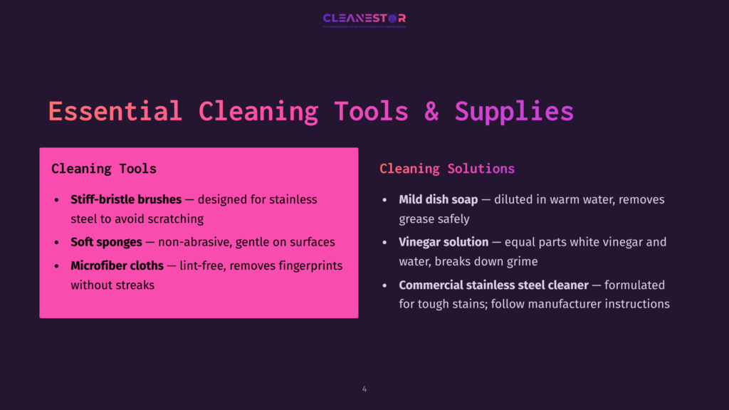 A Slide Titled &Quot;Essential Cleaning Tools &Amp; Supplies&Quot; Lists Cleaning Tools Like Stiff-Bristle Brushes, Soft Sponges, And Microfiber Cloths, And Cleaning Solutions Such As Mild Dish Soap, Vinegar, And Commercial Stainless Steel Cleaner.