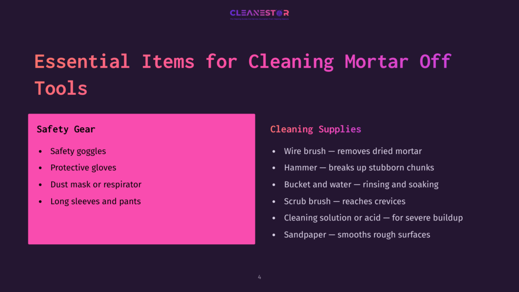 Presentation Slide Titled &Quot;Essential Items For Cleaning Mortar Off Tools&Quot; Listing Safety Gear Like Goggles And Gloves, And Cleaning Supplies Such As Wire Brushes And Acid Solutions.