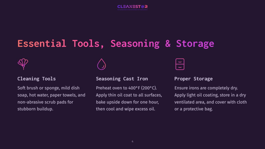 Essential Tools, Seasoning Cast Iron, And Proper Storage For Cookware. Includes Icons For Cleaning Tools, Seasoning, And Storage, With Text Detailing Cleaning Methods, Preheating, Oiling, And Protective Storage For Cast Iron.