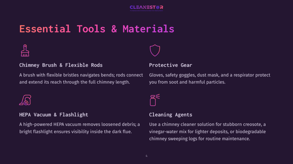 4 Essential Tools And Materials Essential Tools &Amp; Materials For Chimney Cleaning: Chimney Brush &Amp; Flexible Rods, Protective Gear, Hepa Vacuum &Amp; Flashlight, And Cleaning Agents Are Illustrated With Icons.