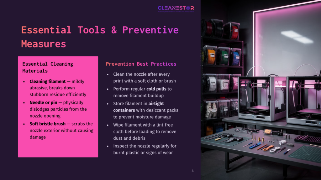 Essential Tools &Amp; Preventive Measures For 3D Printer Cleaning: Cleaning Filament, Needle, And Bristle Brush Shown Alongside Preventive Maintenance Tips.