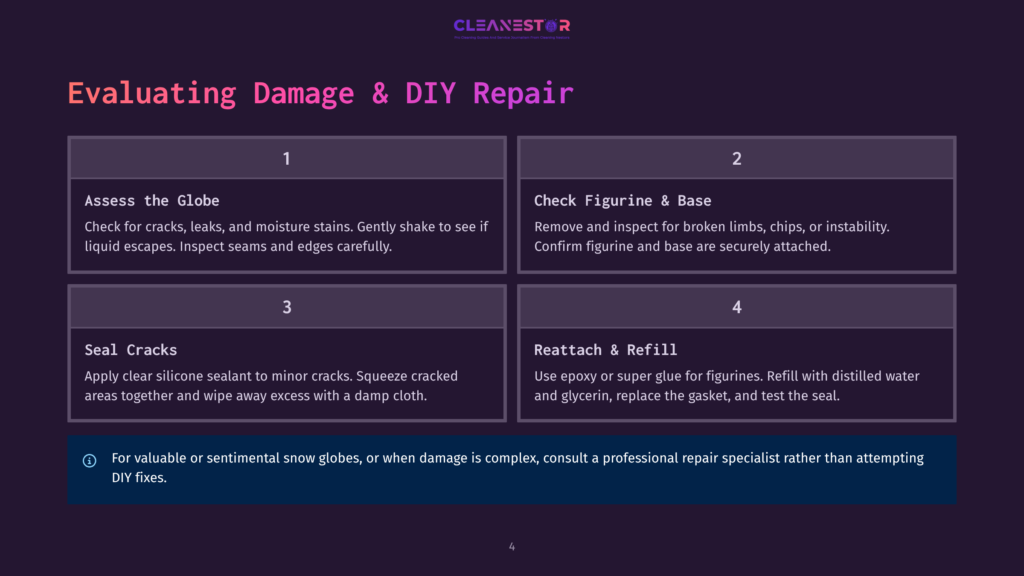 Four-Panel Graphic Titled &Quot;Evaluating Damage &Amp; Diy Repair&Quot; For Snow Globes. Panels Detail Assessing The Globe, Fixing Figurines, Sealing Cracks, And Reattaching Parts.