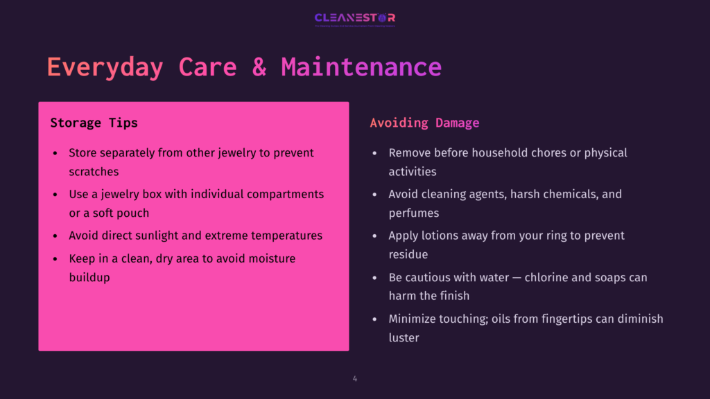 An Infographic Displays Care And Maintenance Tips For Jewelry, With Two Sections: Storage Tips And Avoiding Damage, Against A Dark Background.