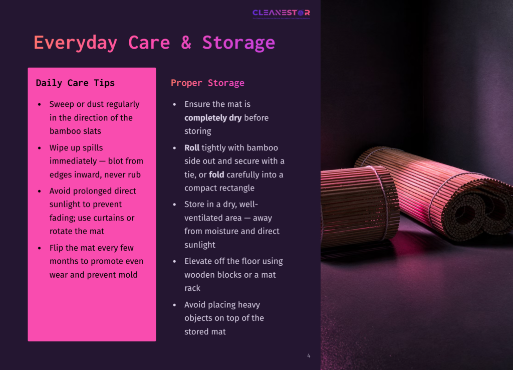 Close-Up Of Two Rolled-Up Bamboo Mats, Showcasing Their Natural Texture And Color. The Mats Are Tightly Rolled And Placed On A Dark, Textured Surface, Suggesting Storage. Text On The Left Side Of The Image Provides &Quot;Everyday Care &Amp; Storage&Quot; Tips For Bamboo Mats.