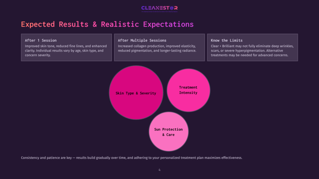 Infographic Titled &Quot;Expected Results &Amp; Realistic Expectations&Quot; From Cleanestor, Detailing Skin Treatment Outcomes After 1 Session And Multiple Sessions, And The Factors Of Skin Type, Intensity, And Sun Protection &Amp; Care.