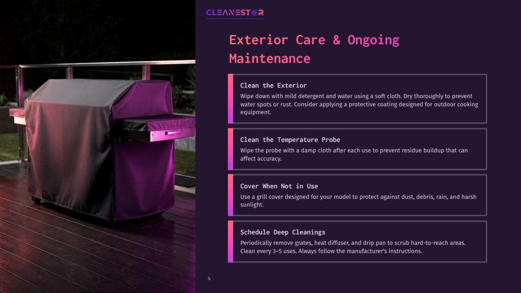 A Black Grill Cover Protects A Stainless Steel Grill On A Wooden Deck At Night. The Cover Has The &Quot;Cleanestor&Quot; Logo In White Text At The Top.