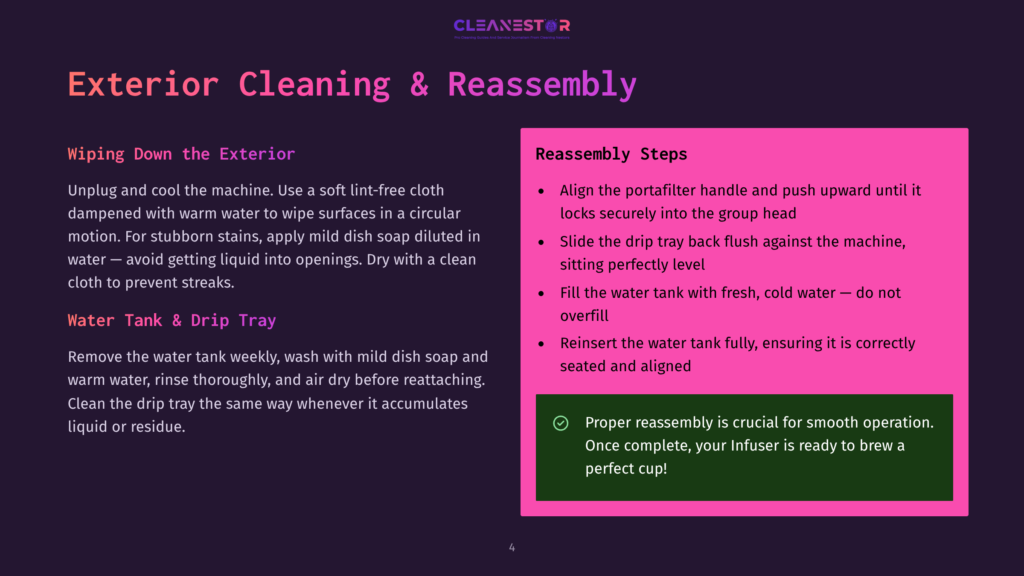 4 Exterior Cleaning And Reassembly Infuser Cleaning Instructions: Exterior Cleaning And Reassembly Steps, Including Wiping Down The Exterior And Cleaning The Water Tank And Drip Tray. Also Shows Reassembly Steps For The Portafilter Handle And Drip Tray.