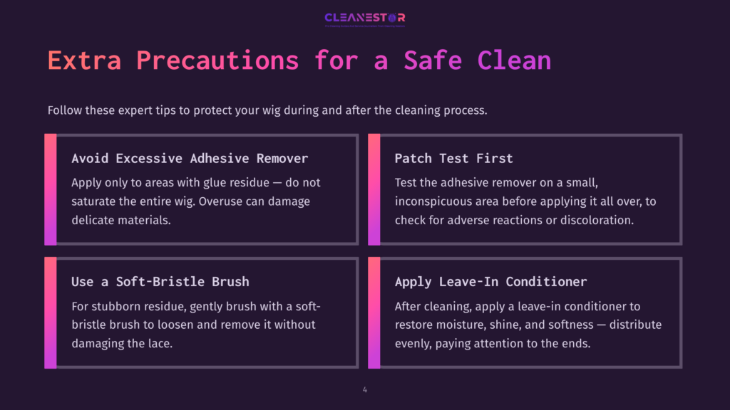 4 Extra Precautions For A Safe Clean Infographic Titled &Quot;Extra Precautions For A Safe Clean&Quot; With Four Tips: Avoid Excessive Adhesive Remover, Patch Test First, Use A Soft-Bristle Brush, And Apply Leave-In Conditioner.
