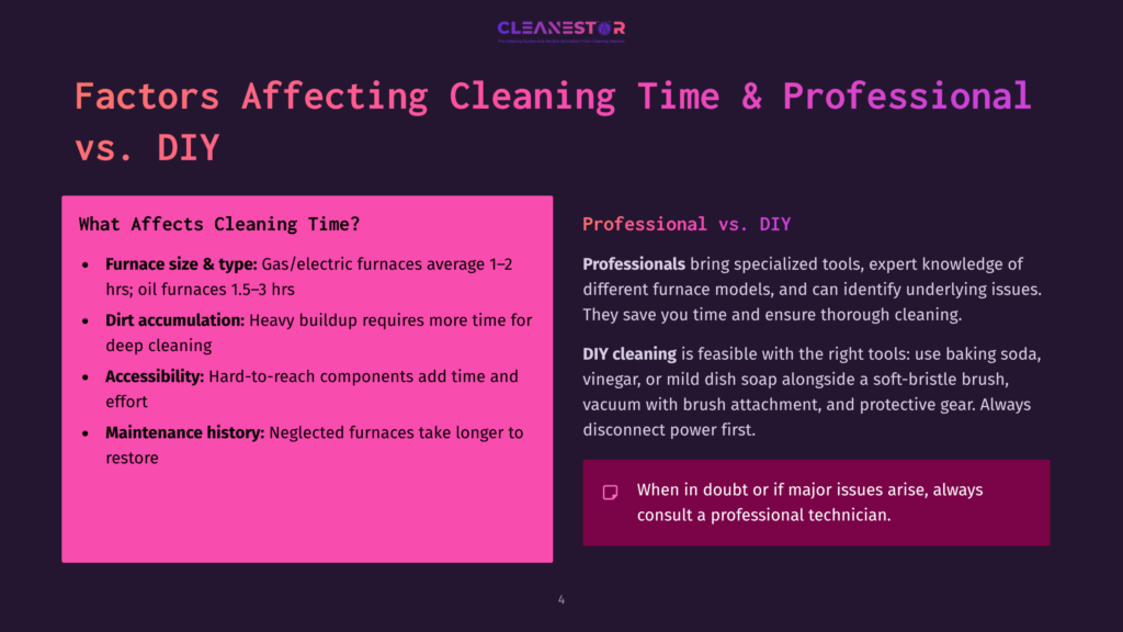 Slide Titled &Quot;Factors Affecting Cleaning Time &Amp; Professional Vs. Diy&Quot; With Text Comparing Professional And Diy Cleaning, Highlighting Factors Like Furnace Size, Dirt Accumulation, And Maintenance History.