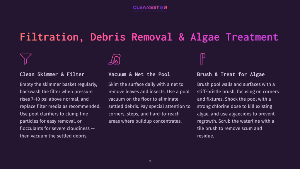 Pool Maintenance Tips: Filtration, Debris Removal &Amp; Algae Treatment. Icons Represent Cleaning Skimmer, Vacuuming, And Brushing Pool Surfaces With Text Descriptions.