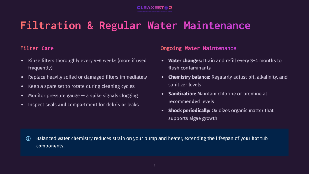 Infographic On Water Maintenance, Showing Two Sections: 'Filter Care' With Points Like 'Rinse Filters Every 4-6 Weeks' And 'Ongoing Water Maintenance' Detailing Tasks Like 'Water Changes Every 3-4 Months' And 'Regularly Adjust Ph And Alkalinity'.