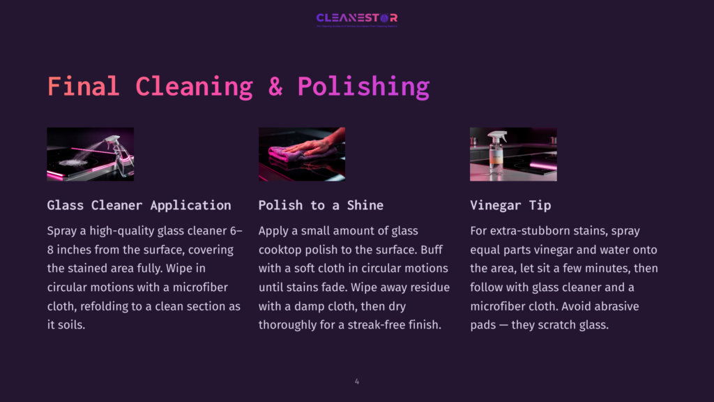 Three Images Showing Steps For Cleaning A Glass Cooktop: Spraying Glass Cleaner, Polishing With A Cloth, And A Bottle Of Vinegar With A Microfiber Cloth. Text Reads: &Quot;Glass Cleaner Application&Quot;, &Quot;Polish To A Shine&Quot;, &Quot;Vinegar Tip&Quot;.
