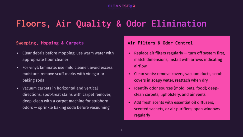 Text Graphic Detailing Cleaning Tips For Floors, Air Quality, And Odor Control. Includes Sections On Sweeping, Mopping, Carpet Care, And Air Filter Maintenance.