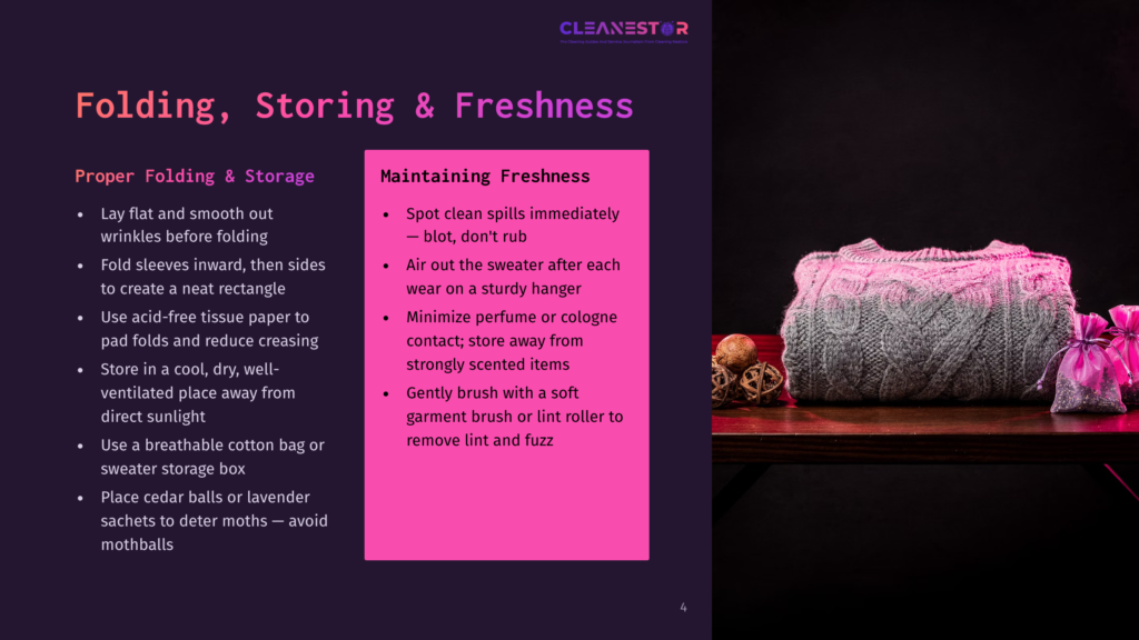 A Neatly Folded Grey Cable-Knit Sweater Rests On A Wooden Surface Next To Two Small Lavender Sachets, With Text Overlaying The Left Side Of The Image About Proper Folding, Storing, And Maintaining Freshness For Sweaters.