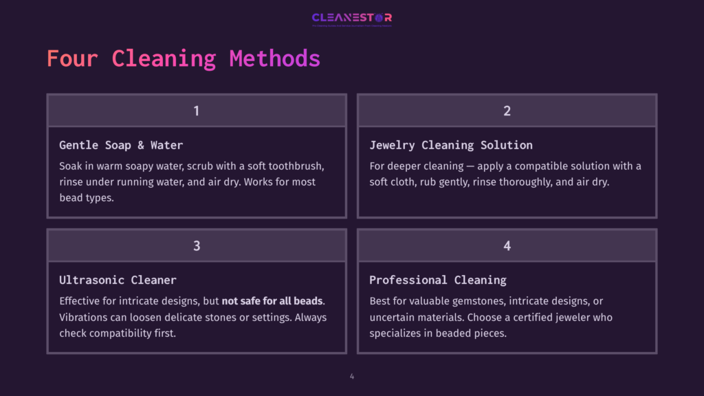 Infographic Titled &Quot;Four Cleaning Methods&Quot; Divided Into Four Sections. The First Section Is Labeled &Quot;Gentle Soap &Amp; Water&Quot; And Describes Soaking In Warm Soapy Water. The Second Section Is &Quot;Jewelry Cleaning Solution&Quot; For Deeper Cleaning With A Compatible Solution. The Third Section Is &Quot;Ultrasonic Cleaner&Quot; Which Is Effective For Intricate Designs But Not Safe For All Beads. The Fourth Section Is &Quot;Professional Cleaning&Quot; For Valuable Gemstones, Intricate Designs, Or Uncertain Materials.
