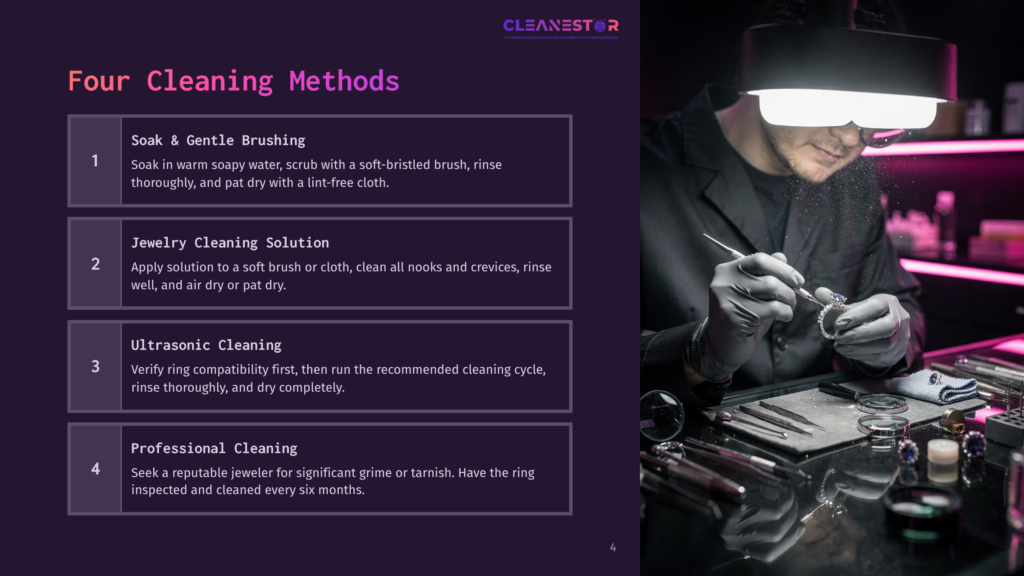 Four Cleaning Methods For Jewelry: Soak &Amp; Gentle Brushing, Jewelry Cleaning Solution, Ultrasonic Cleaning, And Professional Cleaning. A Jeweler In The Background Is Inspecting A Ring.