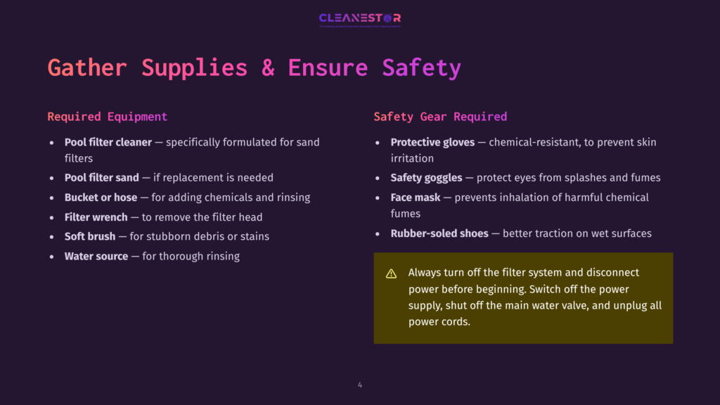 4 Gather Supplies And Ensure Safety A Dark Background With The Text &Quot;Gather Supplies &Amp; Ensure Safety&Quot; In Large, Bold, Purple Letters. Below, Two Columns List &Quot;Required Equipment&Quot; And &Quot;Safety Gear Required&Quot; With Bullet Points Detailing Pool Cleaning Tools And Protective Gear.