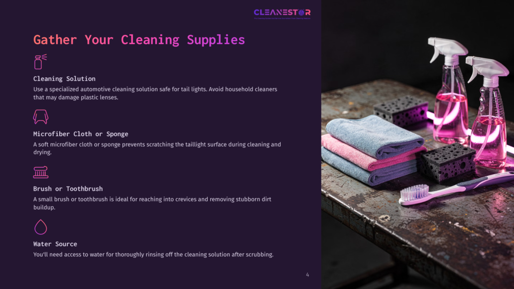 4 Gather Your Cleaning Supplies 1 Cleaning Supplies For Car Detailing: Spray Bottles With Pink Liquid, Microfiber Cloths, And A Toothbrush On A Dark, Textured Surface.